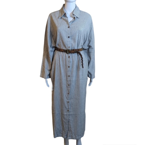 Gray & White Striped Collared Button Down Oversized Maxi Dress Size S - Picture 3 of 7